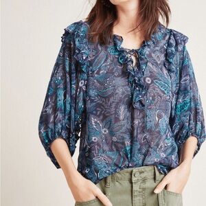 Anthropologie Flowy Teal and Navy Floral Patterned Haida Peasant Blouse NWOT